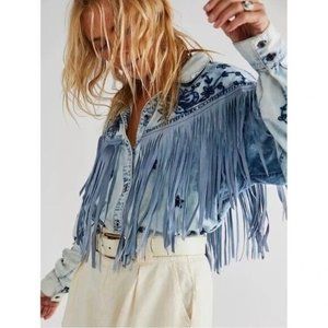 Free People Great Plains Fringe Denim Embroidered Top in Women's Size Small